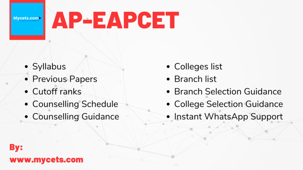 APEAPCET 2023 Syllabus Previous Papers Cutoff ranks Counselling Schedule Counselling Guidance APEAPCET 2023 Colleges list APEAPCET 2023 Branch list Branch Selection Guidance College Selection Guidance Instant WhatsApp Support APEAPCET 2023