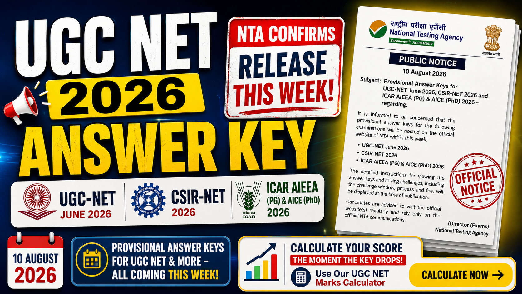 UGC NET 2026 Answer Key: NTA Confirms Release This Week (Official Notice, 10 Aug 2026)